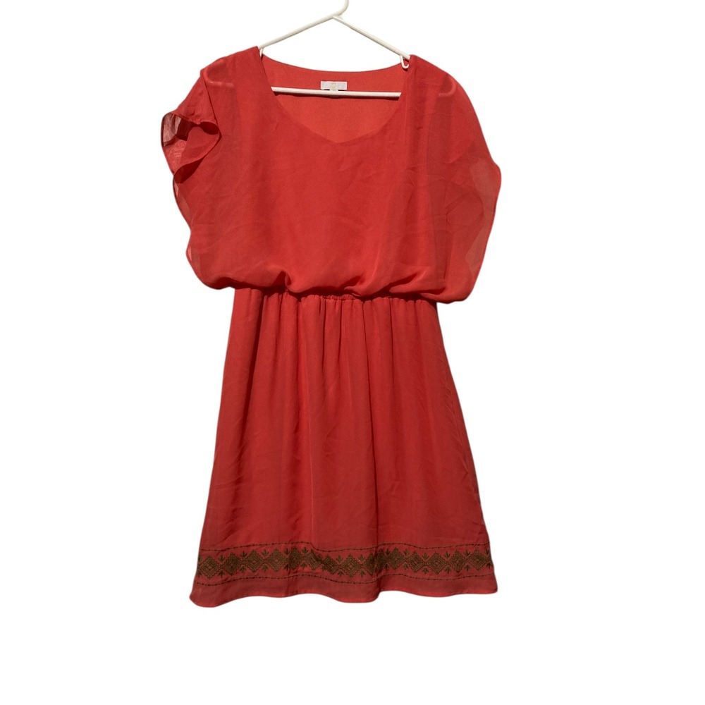 Coral Chiffon Flutter Sleeve Mini Dress with Embroidered Hem Medium